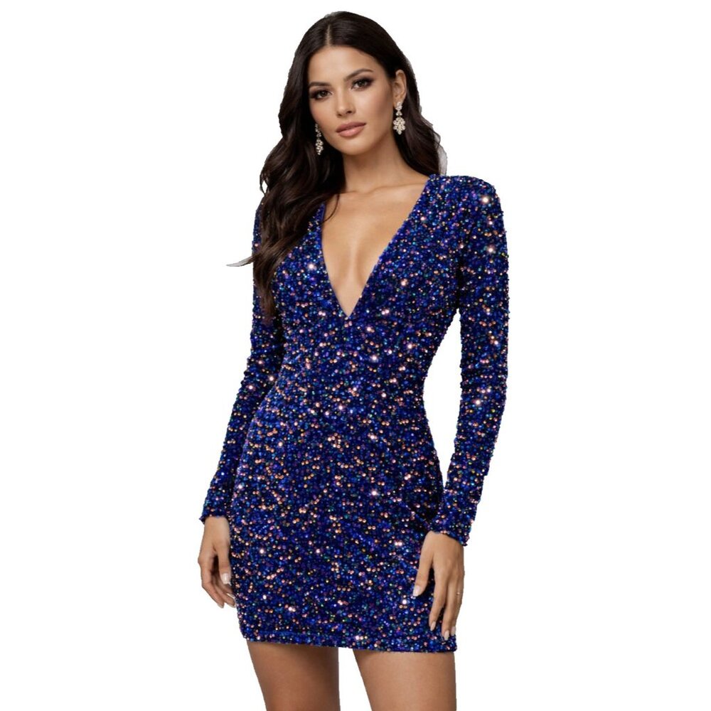 Johnathan Kayne Bodycon Mini Dress Womens Sz 6 Blue Velvet Sequined Party Event